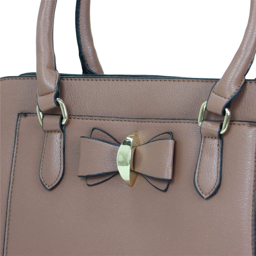 Brown Faux Leather Purse Cute Bow Accent Tote Cross Body Shoulder Hand Bag - Picture 6 of 12